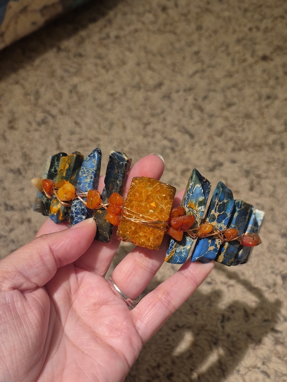 Dyed Blue Jasper and Dyed Quartz Tiara With Aura Quartz Center